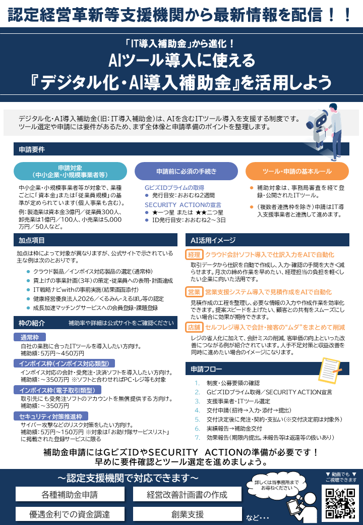 AIツール導入に使えるデジタル化・AI導入補助金のご案内